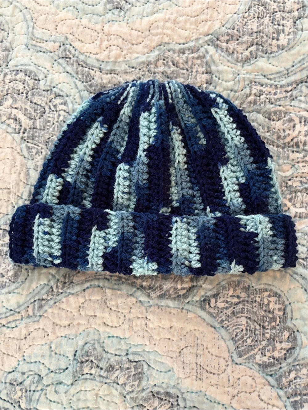 Hand Crafted Navy and Light Blue Kids Crochet Beanie